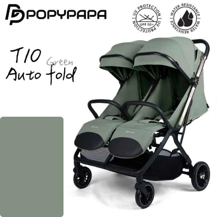 Karrocë Binjake PopyPapa T10 Auto Fold – Black | Palosje Automatike, UPF50+, Rezistente ndaj Ujit